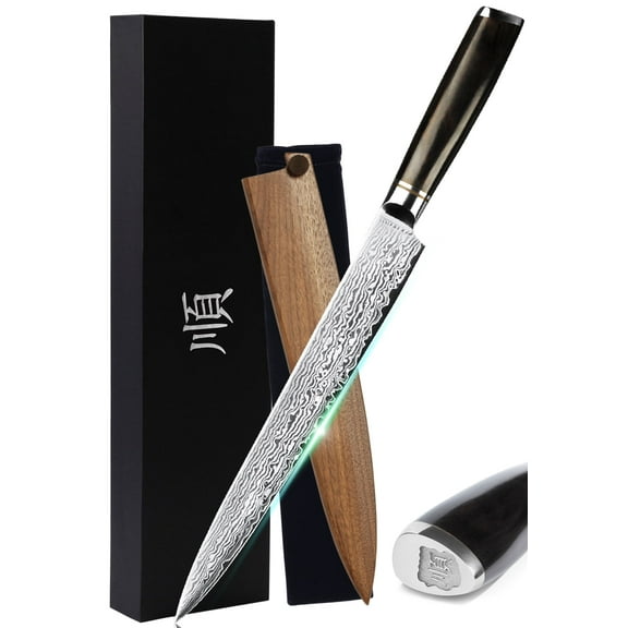 YOUSUNLONG Sashimi Knife 10 inch Fillet Knife Yanagiba Sushi - Japanese Hammer Damascus Steel Blade - Natural Ebony Handle -Sheath with Flannel Knife Bag