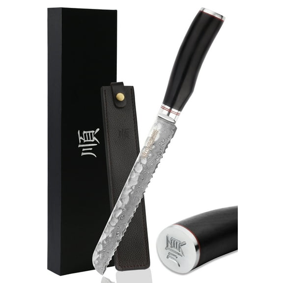 YOUSUNLONG Serrated Bread Knife 8 Inch, Japanese Hammered Damascus Steel Kitchen Knives