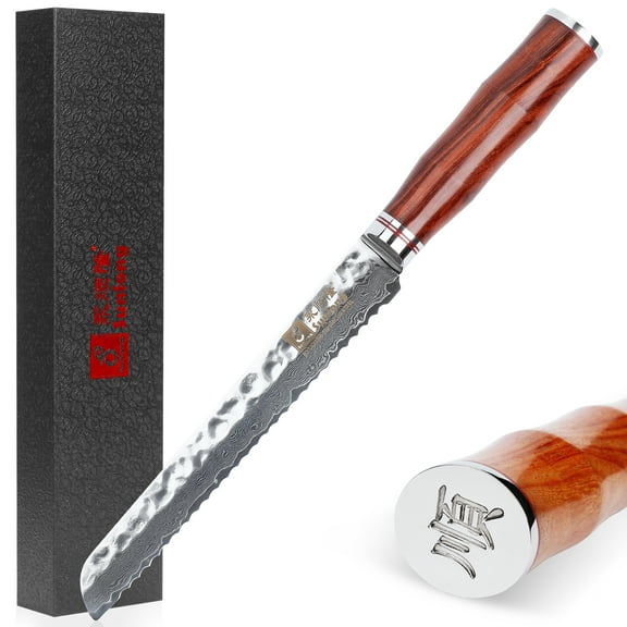 YOUSUNLONG Ultra-Sharp Serrated Bread Knife, 8 Inch Damascus Steel Blade with Natural Bloodwood Handle