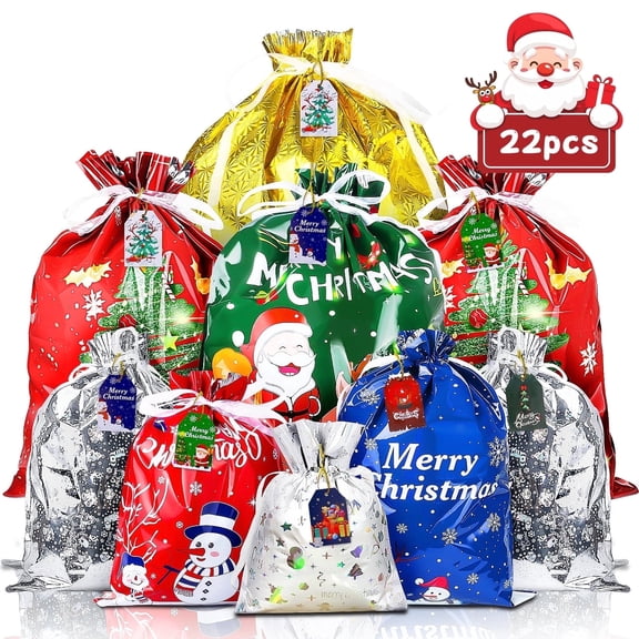 Yousxin 22PC Christmas Drawstring Gift Bags with Tags,Assorted Sizes for Xmas Party Favors,Holiday Present Wrapping