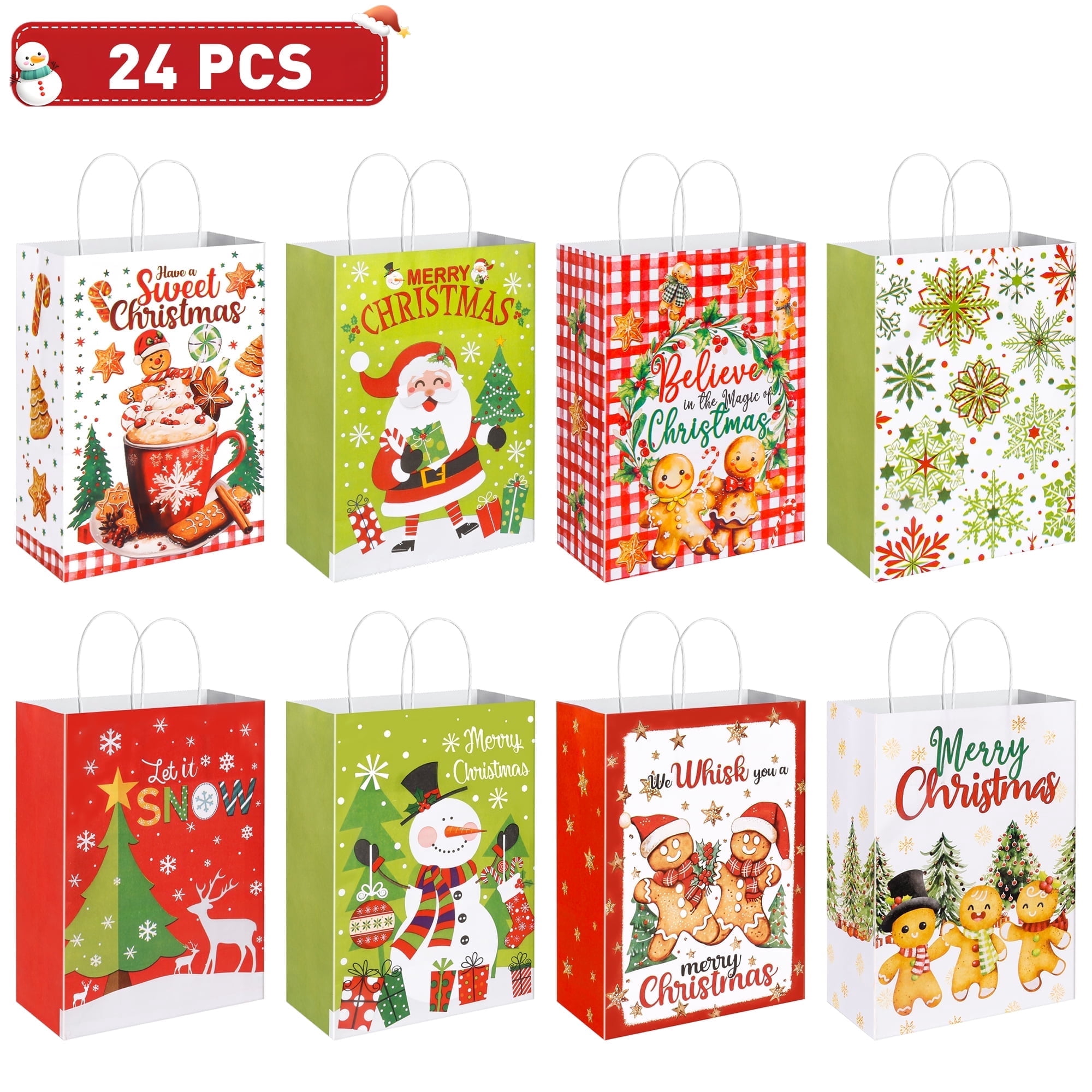 Yousxin 24 pcs Christmas Kraft Gift Bags for Present Wrapping, Holiday Paper Goody Gift Treat Candy Bags for Holiday Party Favors and Decor Supplies