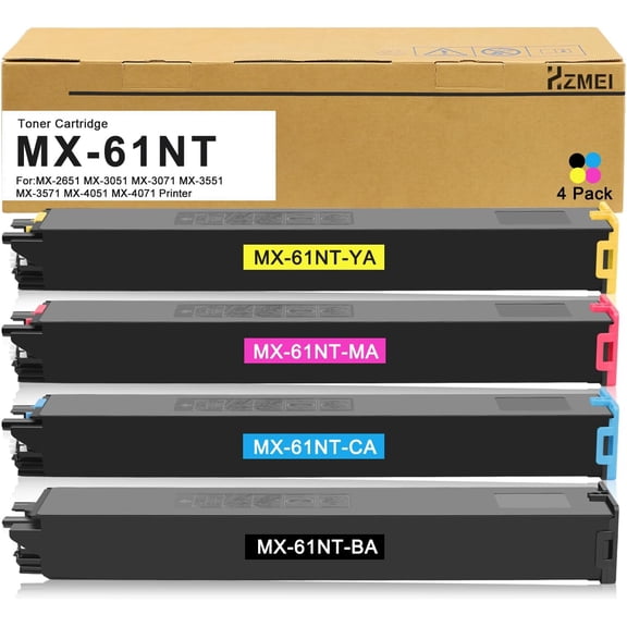 MX61NT MX-61NT Toner Cartridge High Yield with Chip 4-Pack MX-61NTBA MX-61NTCA MX-61NTMA MX-61NTYA Compatible with Sharp MX-2651 MX-3051 MX-3071 MX-3551 MX-3571 MX-4051 MX-4071 Printer