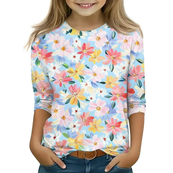 YOUYEDAIN 3/4 Sleeve Shirts for Girls Size 11-12 Crew Neck Tops Fashion Teen Girls Clothing Soft Blouses Sky Blue 11-12 Years