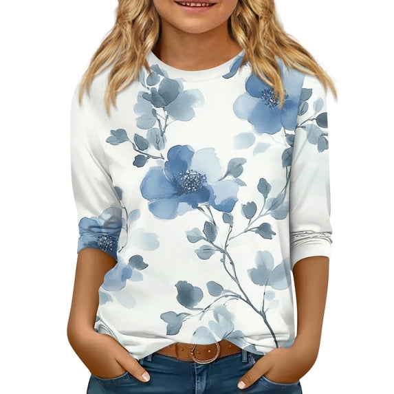 YOUYEDAIN 3/4 Sleeve Shirts for Girls Size 8-9 Crewneck Tops Causal Teen Girls Clothing Lightweight Tshirt Sky Blue 8-9 Years