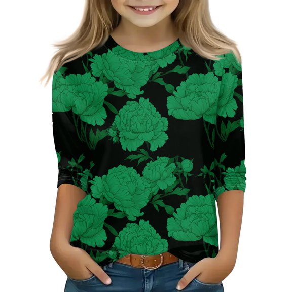 YOUYEDAIN 3/4 Sleeve Shirts for Kids Girls Size 8-9 Crew Neck Top Fashion Teen Girls Clothing Lightweight Tees Blouses Green 8-9 Years