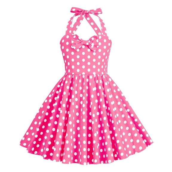 YOUYEDIAN 1950s Halter Dresses for Girls 50's 60's Vintage Sleeveless Bowknot Polka Dot Dress Swing Cocktail Tea Party Dresses (Pink, 6-7 Years)
