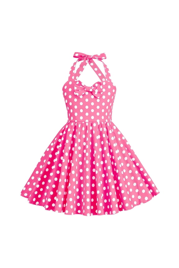 1950s Halter Dresses for Girls 50's 60's Vintage Sleeveless Bowknot Polka Dot Dress Swing Cocktail Tea Party Dresses (Pink, 8-9 Years)