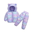 thumbnail image 1 of YOUYEDIAN 2 Piece Kids Snowsuit Ski Suit Boys Girls Metallic Hooded Puffer Jacket Lightweight Packable Quilted Down Coat+Pants Light Purple 2-3 Years, 1 of 2