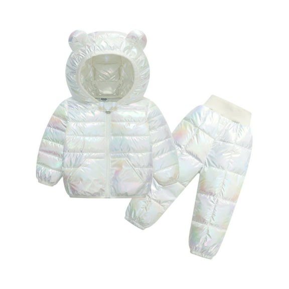 YOUYEDIAN 2 Piece Kids Snowsuit Ski Suit Boys Girls Metallic Hooded Puffer Jacket Lightweight Packable Quilted Down Coat Pants White 6-7 Years