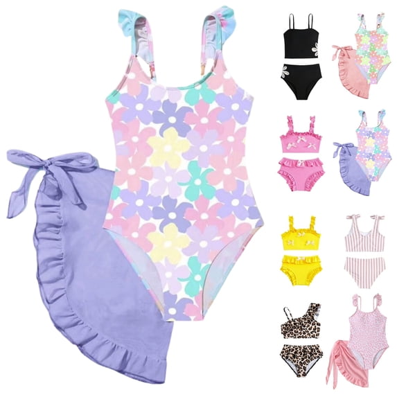 YOUYEDIAN 2 Piece Toddler Swimsuit Girl Teen Cute Sleeveless Spaghetti Straps Tankini Tops Bathing Suits Summer Beach High Waist Swimwear Set (Purple#04, 6-7 Years)