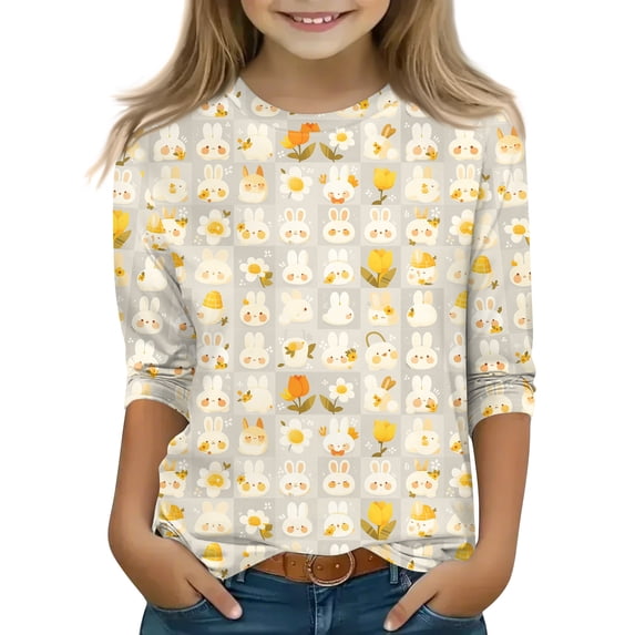 YOUYEDIAN 2026 Easter Girls 3/4 Length Sleeve Shirts Kids Festival Cute Bunny Print Cotton Tees Tops Holiday Casual Funny Clothes (Beige, 9-10 Years)