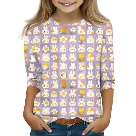 YOUYEDIAN 2026 Easter Girls 3/4 Length Sleeve Shirts Kids Festival Cute Bunny Print Cotton Tees Tops Holiday Casual Funny Clothes (Light Purple, 8-9 Years)
