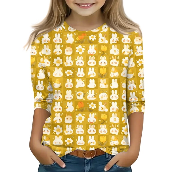 YOUYEDIAN 2026 Easter Girls 3/4 Length Sleeve Shirts Kids Festival Cute Bunny Print Cotton Tees Tops Holiday Casual Funny Clothes (Yellow, 13-14 Years)