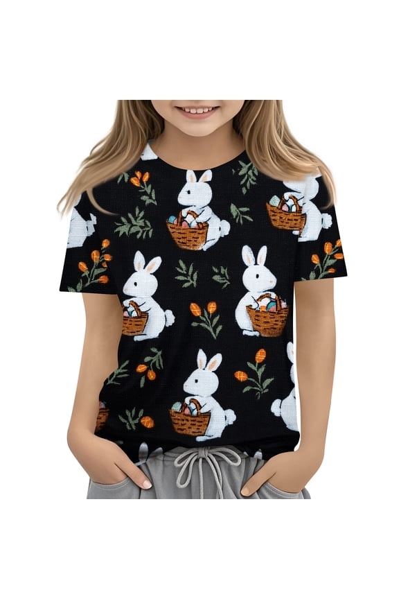2026 Easter Girls T Shirts Funny Bunny Graphic Short Sleeve Tee Tops Festival Cute Cotton T-Shirt Outfits (Black, 6-7 Years)