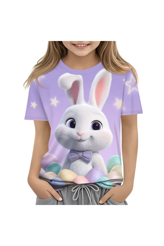 2026 Easter Girls T Shirts Funny Bunny Graphic Short Sleeve Tee Tops Festival Cute Cotton T-Shirt Outfits (Light Purple, 6-7 Years)