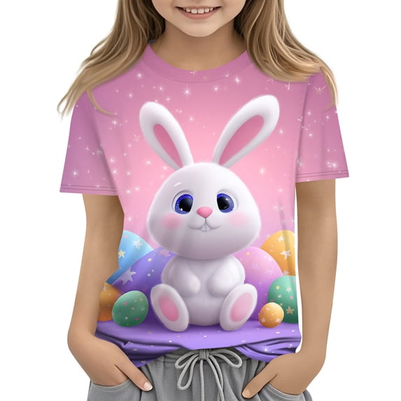YOUYEDIAN 2026 Easter Girls T Shirts Funny Bunny Graphic Short Sleeve Tee Tops Festival Cute Cotton T-Shirt Outfits (Pink, 3-4 Years)