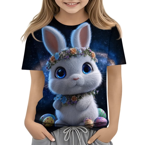 YOUYEDIAN 2026 Easter Girls T Shirts Funny Bunny Graphic Short Sleeve Tee Tops Festival Cute Cotton T-Shirt Outfits (Royal Blue, 6-7 Years)