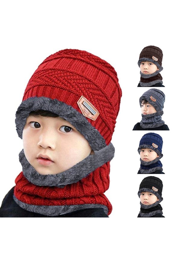 2Pcs Kids Winter Knitted Hats+Scarf Set Warm Fleece Lining Cap for 5-14 Year Old Boys Girls (Red, One Size)