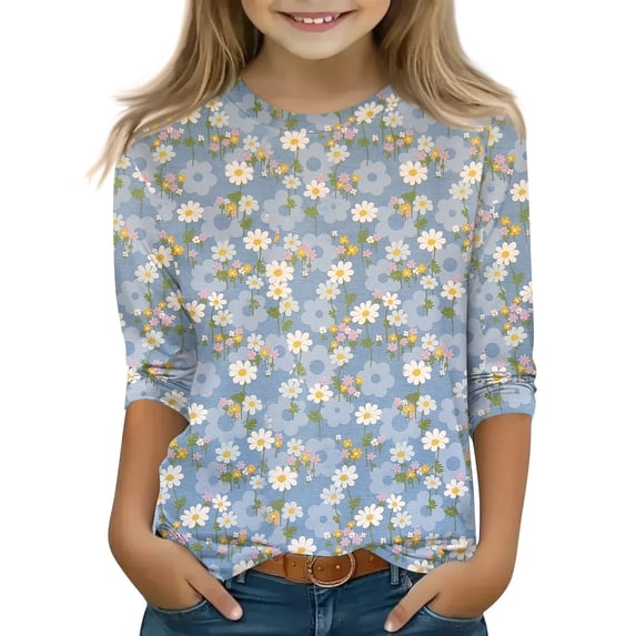 YOUYEDIAN 3/4 Sleeve Shirts for Girls 2026 Floral Graphic Top Crew Neck T Shirt Casual Clothing Light Blue 4-5 Years