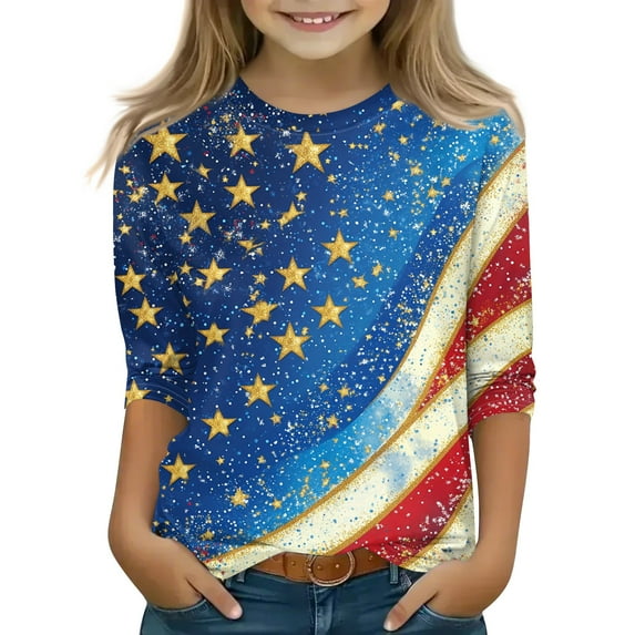 YOUYEDIAN 3/4 Sleeve Shirts for Girls 2026 Floral Print Tops Crew Neck T Shirt Casual Tees Dark Blue 9-10 Years