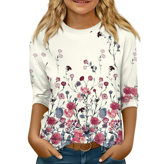 YOUYEDIAN 3/4 Sleeve Shirts for Kids Girls 2026 Floral Graphic Top Crew Neck T-Shirt Cute Tees Purple Pink 9-10 Years
