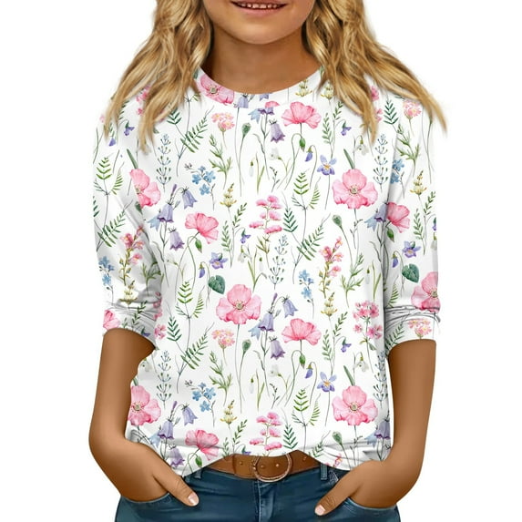 YOUYEDIAN 3/4 Sleeve Shirts for Kids Girls Size 13-14 Floral Print Tops Crewneck T Shirt Casual Clothes Light pink 13-14 Years