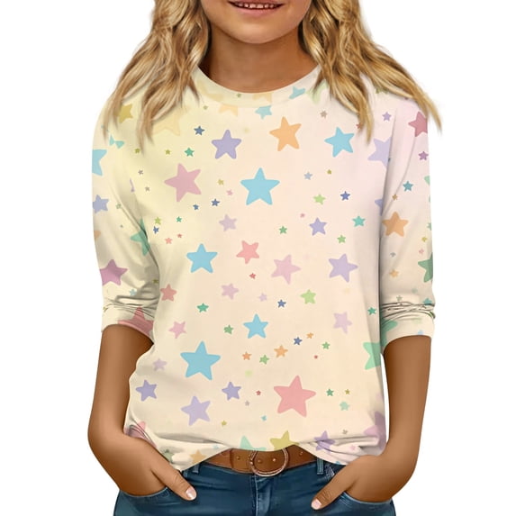 YOUYEDIAN 3/4 Sleeve Shirts for Teen Girls 8-9 Floral Graphic Tops Crew Neck Tshirt Cute Outfits Beige 8-9 Years