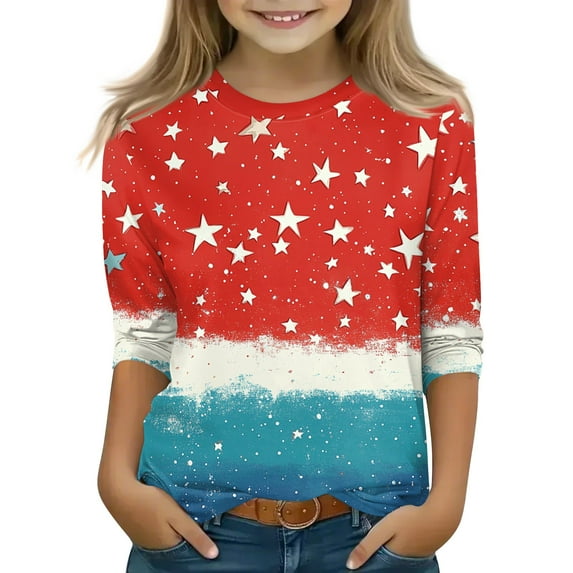 YOUYEDIAN 3/4 Sleeve Shirts for Teen Girls 9-10 Floral Print Top Crew Neck T Shirt Casual Clothes Red 9-10 Years
