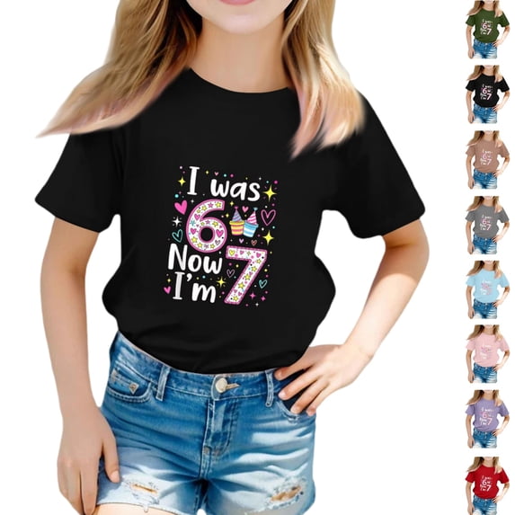YOUYEDIAN 7 Year Old Birthday Girl Shirt - I was 6 Now I'm 7 67 Funny T-Shirt (Black, 8-9 Years)