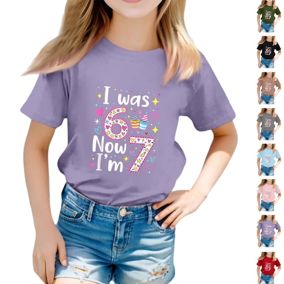 YOUYEDIAN 7 Year Old Birthday Girl Shirt - I was 6 Now I'm 7 67 Funny T-Shirt (Purple, 8-9 Years)