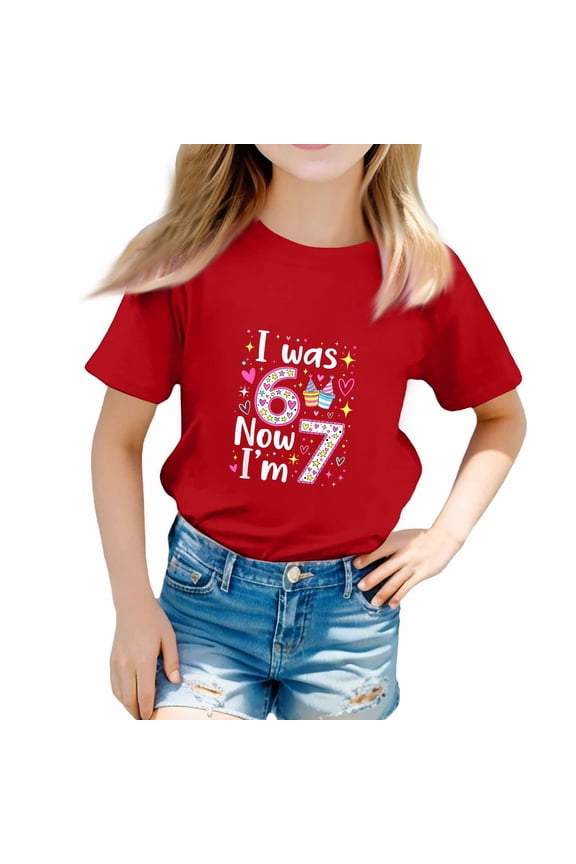 7 Year Old Birthday Girl Shirt - I was 6 Now I'm 7 67 Funny T-Shirt (Red, 11-12 Years)