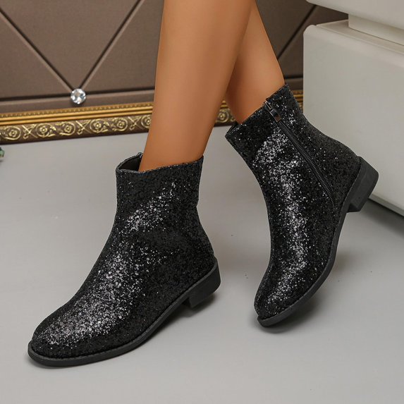 YOUYEDIAN Ankle Boots for Women Glitter Low Heel Short Boots Sequin Round Toe Shoes Party Bootie with Side Zipper Black