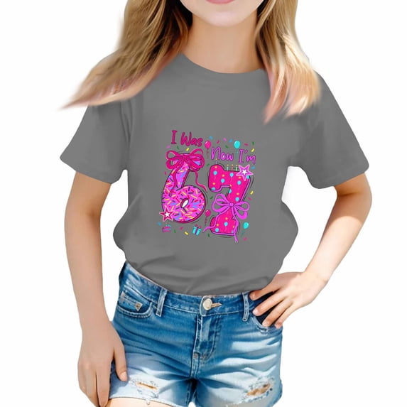 YOUYEDIAN Birthday 7 Year Old Girl T Shirt - I was 6 Now I'm 7 67 Funny Cute Short Sleeve Crew Neck Tops (Gray, 3-4 Years)
