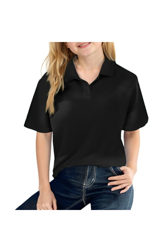 Black Polo Shirts for Boys Girls School Short Sleeve T-Shirt Casual Button Top 2025 Summer New Collared School Uniform Top Lightweight Clothes Black 8-9 Years