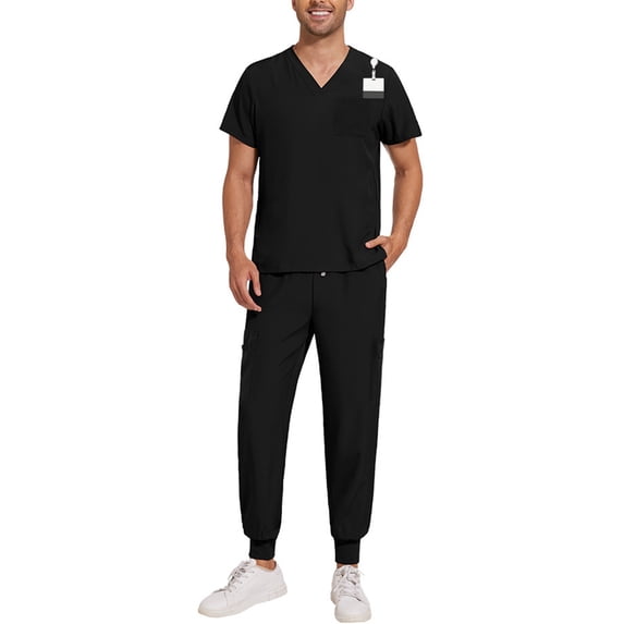 YOUYEDIAN Black Scrubs for Men Set Stretchy Nursing Uniform Vneck Short Sleeve Scrubs & Jogger Pant with Multi-Pockets Soft Scrubs Sets Black M