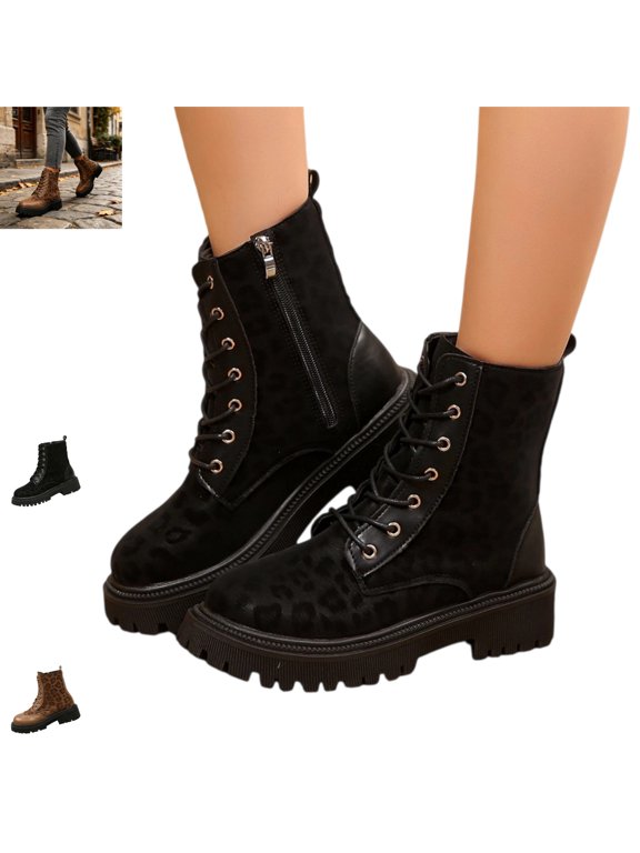 Boots for Women Casual Warm Non Slip Fashion Lace-up Comfortable Mid Top Boots Versatile Platform Round Toe Side Zipper Outdoor Dress Shoes