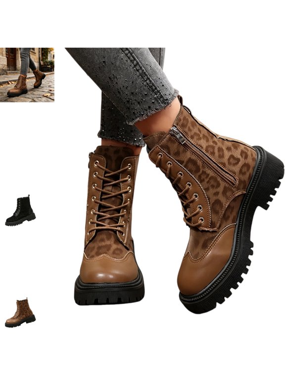 Boots for Women Casual Warm Non Slip Fashion Lace-up Comfortable Mid Top Boots Versatile Platform Round Toe Side Zipper Outdoor Dress Shoes