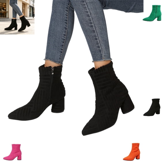 YOUYEDIAN Boots for Women Fall Winter Fashion Print Block Heel Versatile Pointed Toe Ankle Booties Side Zipper Warm Outdoor Walking Shoes