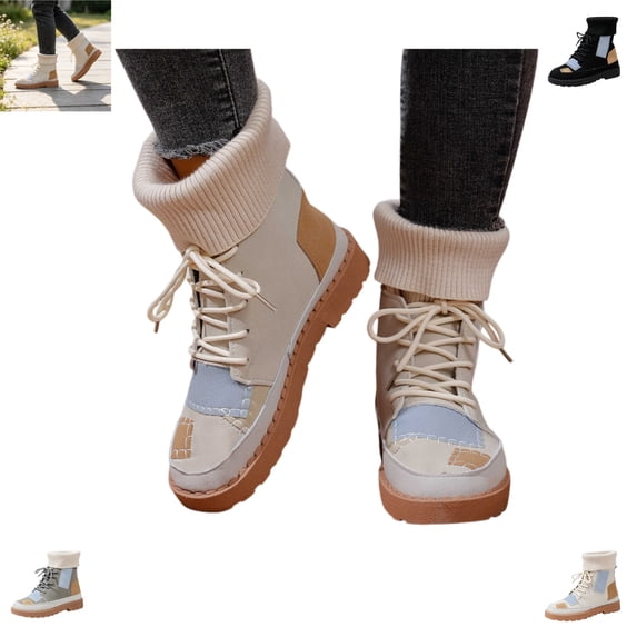 YOUYEDIAN Boots for Women Fall Winter Versatile Patchwork Design Fashion Strap Platform Round Toe Ankle Booties Casual Warm Comfy Flat Walking Shoes