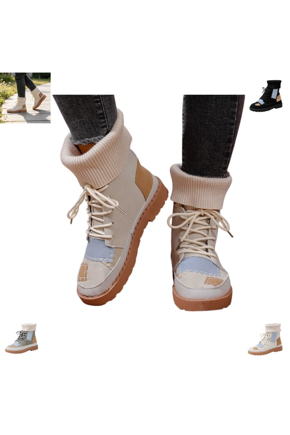 Boots for Women Fall Winter Versatile Patchwork Design Fashion Strap Platform Round Toe Ankle Booties Casual Warm Comfy Flat Walking Shoes