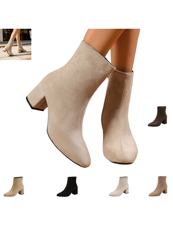 Boots for Women Fall Winter Vintage Pointed Toe Casual Ankle Booties Block Heel Fashion Comfy Warm Shoes