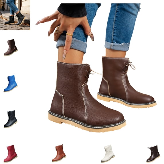 YOUYEDIAN Boots for Women Fashion Lace-up Versatile Round Toe Low Heel Ankle Booties Casual Comfy Flat Walking Shoes