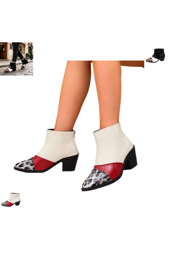 Boots for Women Fashion Patchwork Block Heel Versatile Leopard Print Ankle Bootie Casual Non Slip Pointed Toe Back Zipper Comfy Shoes