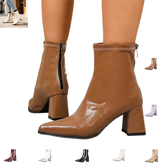 YOUYEDIAN Boots for Women Fashion Pointed Toe High Blcok Heel Casual Mid Top Booties Versatile Comfortable Soft Leather Back Zipper Shoes