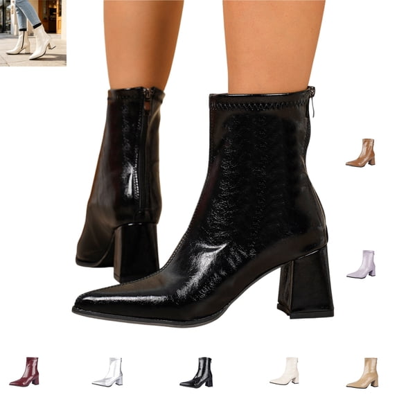 YOUYEDIAN Boots for Women Fashion Pointed Toe High Blcok Heel Casual Mid Top Booties Versatile Comfortable Soft Leather Back Zipper Shoes