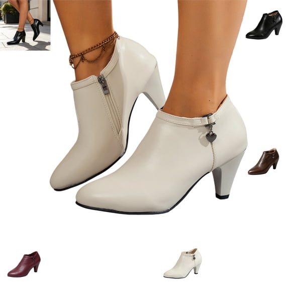 YOUYEDIAN Boots for Women Fashion Pointed Toe Side Zipper High Kitten Heel Short Booties Versatile Walking Leather Shoes