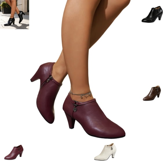 YOUYEDIAN Boots for Women Fashion Pointed Toe Side Zipper High Kitten Heel Short Booties Versatile Walking Leather Shoes