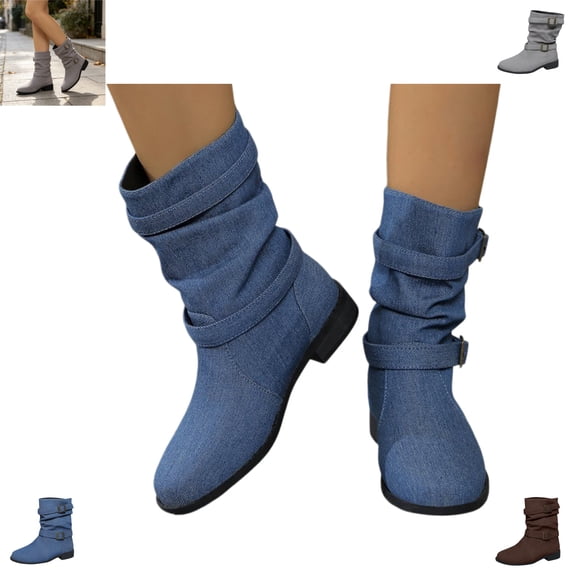 YOUYEDIAN Boots for Women Low Block Heel Versatile Mid Calf Comfy Fashion Double Buckle Deco Boots Outdoor Casual Round Toe Shoes