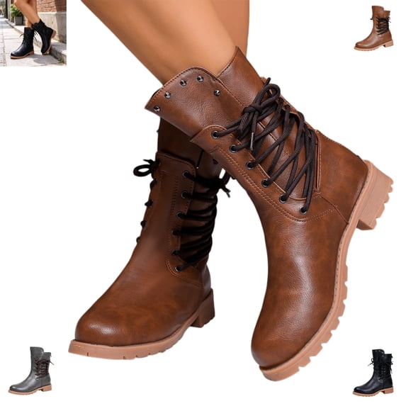 YOUYEDIAN Boots for Women Side Lace-up Versatile Ankle Mid Top Booties Block Low Heel Comfy Casual Outdoor Shoes