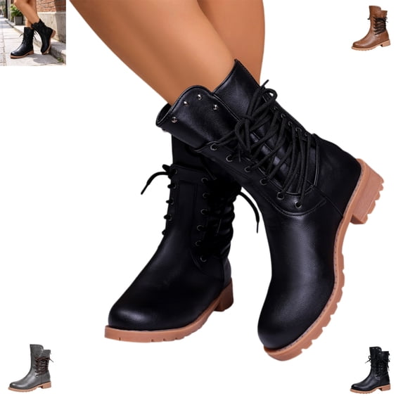 YOUYEDIAN Boots for Women Side Lace-up Versatile Ankle Mid Top Booties Block Low Heel Comfy Casual Outdoor Shoes